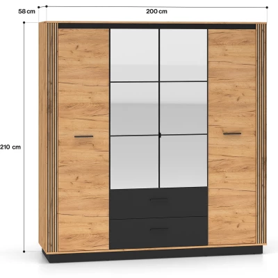 Viertüriger Kleiderschrank 200 cm MING - Eiche Gold/Schwarz