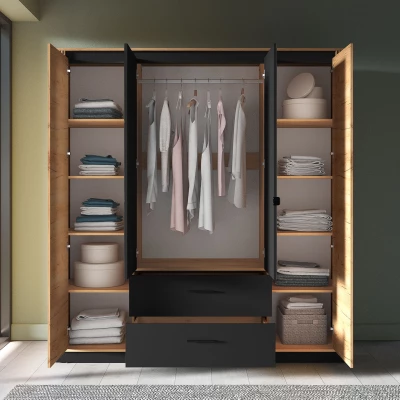 Viertüriger Kleiderschrank 200 cm MING - Eiche Gold/Schwarz