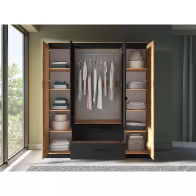 Viertüriger Kleiderschrank 200 cm MING - Eiche Gold/Schwarz