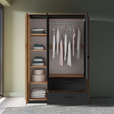 Dreitüriger Kleiderschrank 150 cm MING - Eichenholz Gold/Schwarz