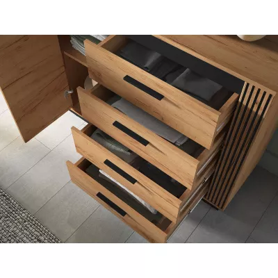 Breite, kombinierte Kommode MING - Eichenholz, Gold/Schwarz