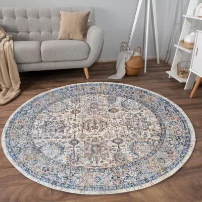 Runder Teppich 100 cm FRANCO mit Ornamenten - blau / beige