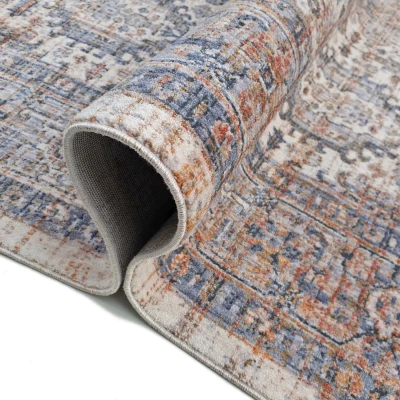 Runder Teppich 100 cm FRANCO mit Ornamenten - blau / beige