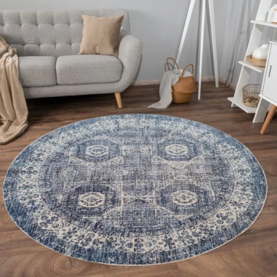 Runder Teppich 140 cm FRANCO mit Ornamenten - blau / weiß