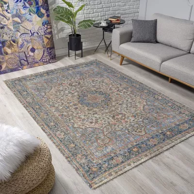 Stück Teppich 120x170 cm FRANCO mit Ornamenten - beige / blau