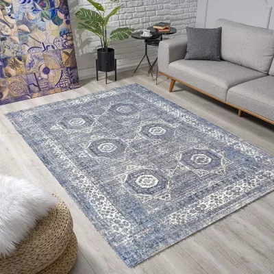 Stück Teppich 140x190 cm FRANCO mit Ornamenten - blau/weiß