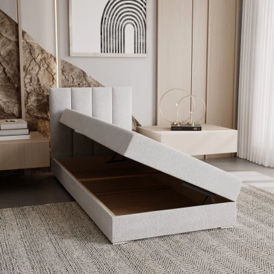 Polsterbett 90x200 ELSIE 4 mit Stauraum – hellbeige, linke Ausführung