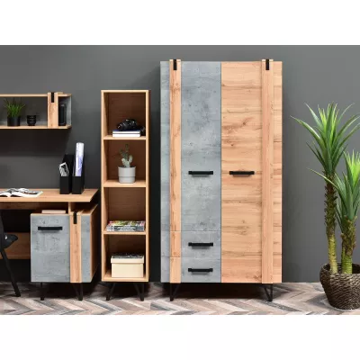 Wand für Studentenzimmer NIXON - Eiche / Beton / Schwarz