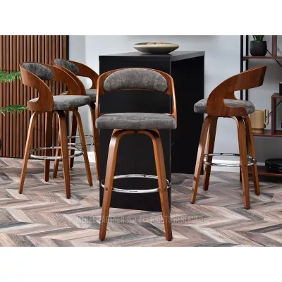 Eleganter Barhocker ROMINA – Walnuss/Grau/Chrom