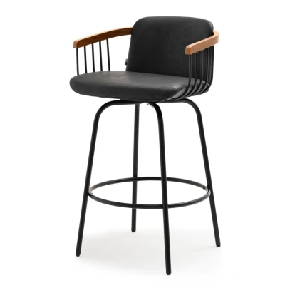 Eleganter Barstuhl SIDRA - Walnuss / schwarzes Ökoleder / schwarz