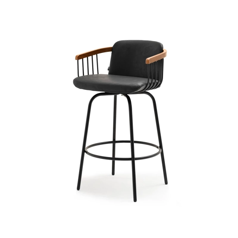 Eleganter Barstuhl SIDRA - Walnuss / schwarzes Ökoleder / schwarz