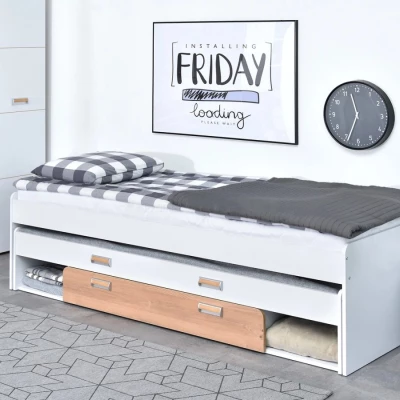 Einzelbett 80x200 JOHELY mit Zustellbett - weiß / Nash-Eiche
