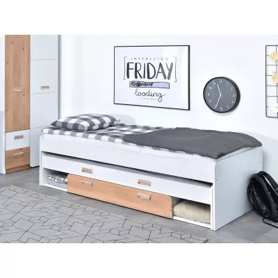 Einzelbett 80x200 JOHELY mit Zustellbett - weiß / Nash-Eiche
