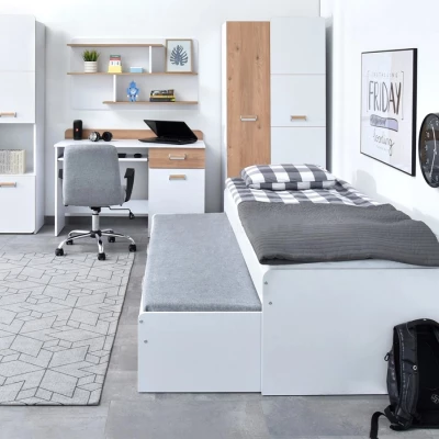 Einzelbett 80x200 JOHELY mit Zustellbett - weiß / Nash-Eiche