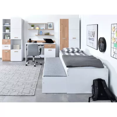 Einzelbett 80x200 JOHELY mit Zustellbett - weiß / Nash-Eiche