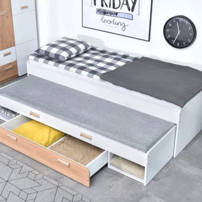Einzelbett 80x200 JOHELY mit Zustellbett - weiß / Nash-Eiche