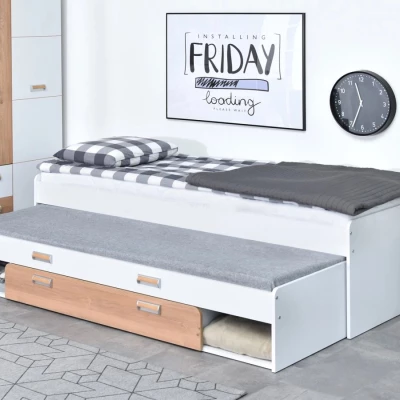 Einzelbett 80x200 JOHELY mit Zustellbett - weiß / Nash-Eiche