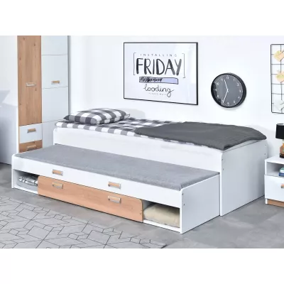Einzelbett 80x200 JOHELY mit Zustellbett - weiß / Nash-Eiche