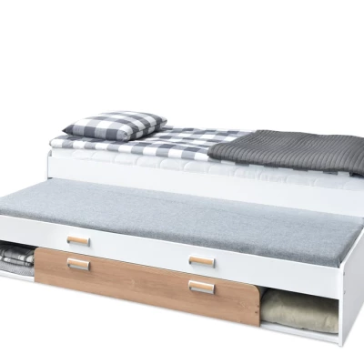 Einzelbett 80x200 JOHELY mit Zustellbett - weiß / Nash-Eiche