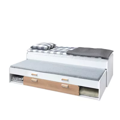 Einzelbett 80x200 JOHELY mit Zustellbett - weiß / Nash-Eiche