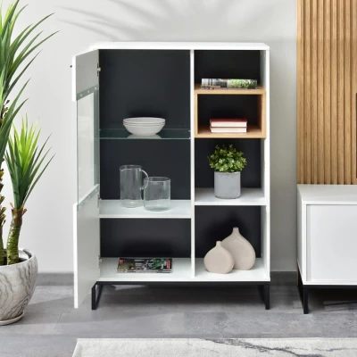Niedriger Vitrinenschrank JAMI - weiß / eiche / schwarz