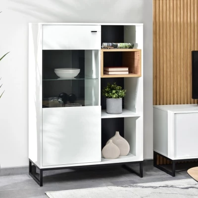 Niedriger Vitrinenschrank JAMI - weiß / eiche / schwarz