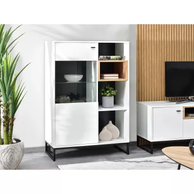 Niedriger Vitrinenschrank JAMI - weiß / eiche / schwarz