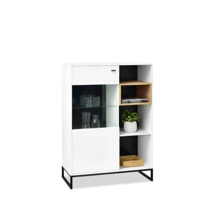 Niedriger Vitrinenschrank JAMI - weiß / eiche / schwarz