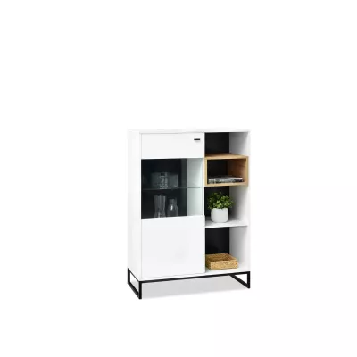 Niedriger Vitrinenschrank JAMI - weiß / eiche / schwarz