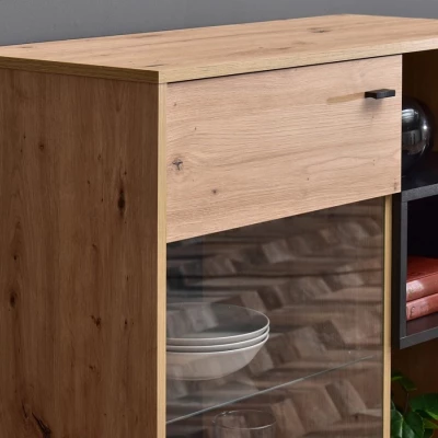Niedriger Vitrinenschrank JAMI - Eiche / Schwarz