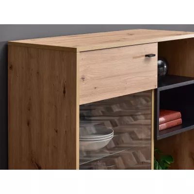 Niedriger Vitrinenschrank JAMI - Eiche / Schwarz