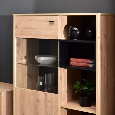 Niedriger Vitrinenschrank JAMI - Eiche / Schwarz