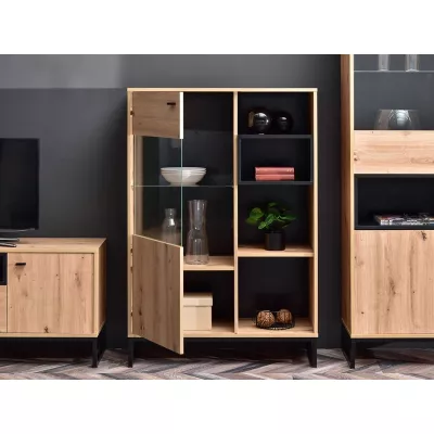 Niedriger Vitrinenschrank JAMI - Eiche / Schwarz