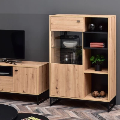 Niedriger Vitrinenschrank JAMI - Eiche / Schwarz