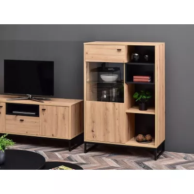 Niedriger Vitrinenschrank JAMI - Eiche / Schwarz