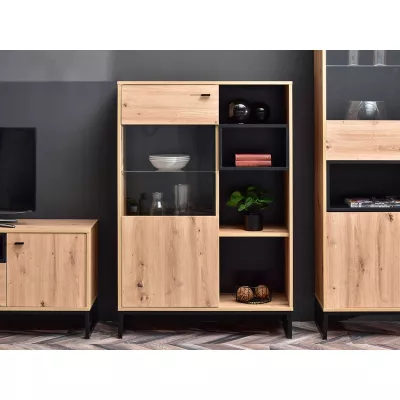 Niedriger Vitrinenschrank JAMI - Eiche / Schwarz