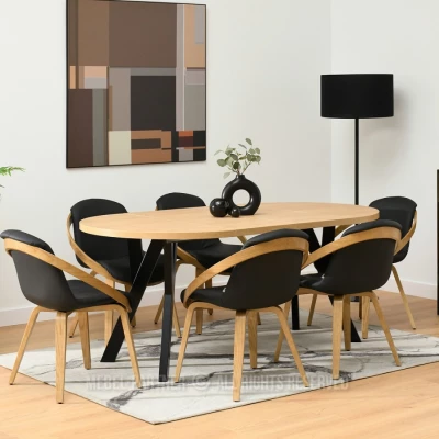 Designer Esszimmerstuhl HODA - schwarzes Ökoleder / Eiche