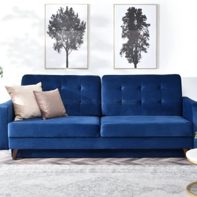 Schlafsofa IRSA – Dunkelblau/Walnuss