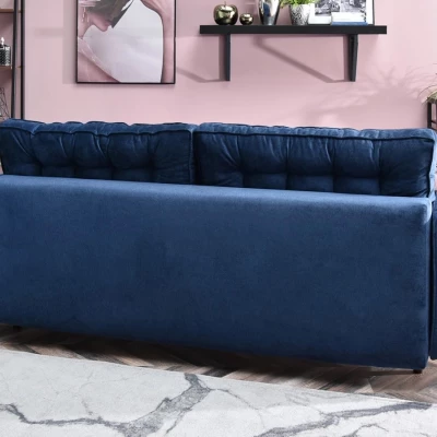 Schlafsofa LUZOLO – Dunkelblau/Walnuss