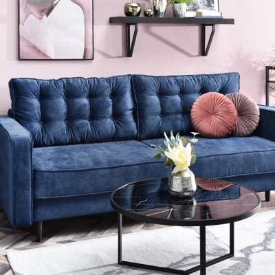 Schlafsofa LUZOLO – Dunkelblau/Walnuss