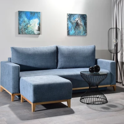 Schlafsofa mit Hocker DALENA – blau/eiche