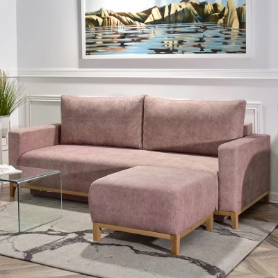 Schlafsofa mit Hocker DALENA – Puderrosa/Eiche