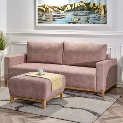 Schlafsofa mit Hocker DALENA – Puderrosa/Eiche