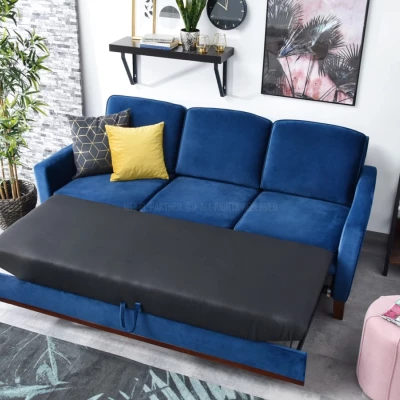 Schlafsofa NOHEMA – Dunkelblau/Walnuss