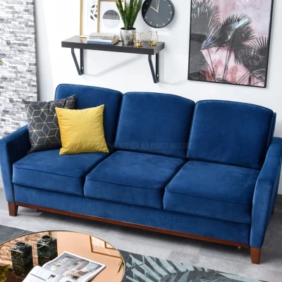 Schlafsofa NOHEMA – Dunkelblau/Walnuss