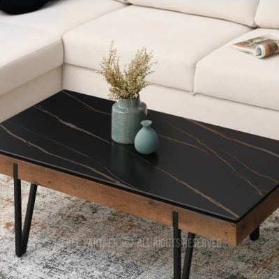 Breiter Couchtisch AMAL - Walnuss / schwarzer Marmor / schwarz
