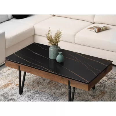 Breiter Couchtisch AMAL - Walnuss / schwarzer Marmor / schwarz