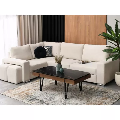 Breiter Couchtisch AMAL - Walnuss / schwarzer Marmor / schwarz