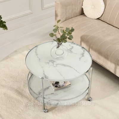 Designer Couchtisch VITOLD - Chrom / weißer Marmor