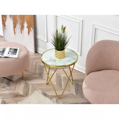 Designer Beistelltisch RAMAL - weißer Marmor / Gold